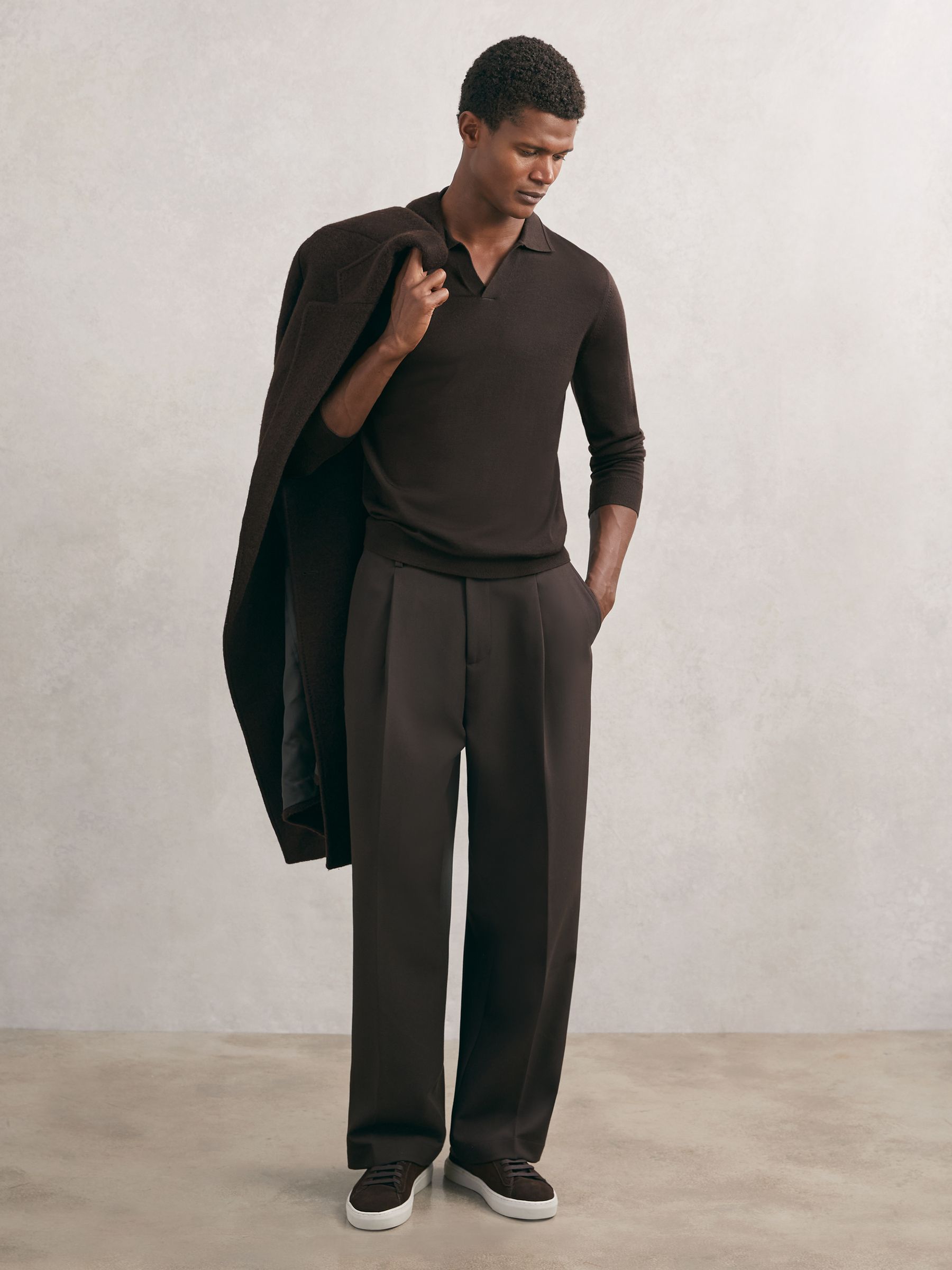 Buy Reiss Chocolate Brown Milburn Merino Wool Open-Collar Polo