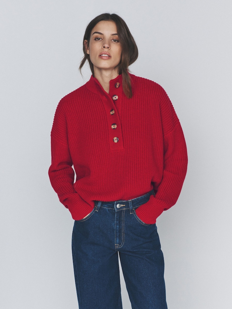 The Set 2 Pack Button Neck Chunky Ribbed Jumper Red/Cream & Navy Stripe - Image 1 of 6