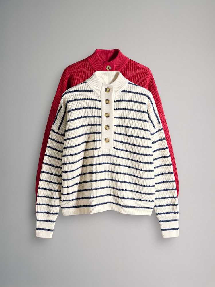 The Set 2 Pack Button Neck Chunky Ribbed Jumper Red/Cream & Navy Stripe - Image 2 of 6
