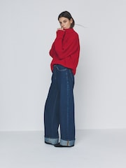 The Set 2 Pack Button Neck Chunky Ribbed Jumper Red/Cream & Navy Stripe - Image 4 of 6