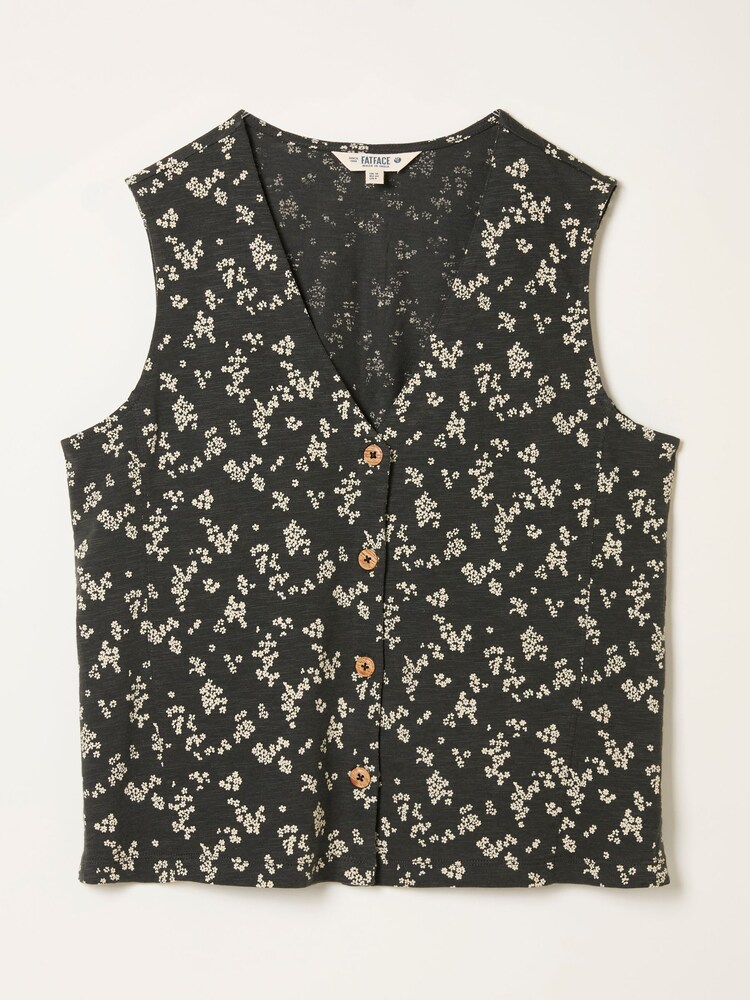 FatFace Joni Black Mono Ditsy Jersey Waistcoat - Image 1 of 1