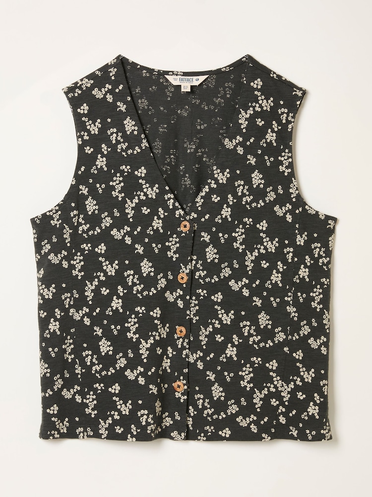 FatFace Joni Black Mono Ditsy Jersey Waistcoat - Image 1 of 1 FatFace Joni Black Mono Ditsy Jersey Waistcoat - Image 1 of 1