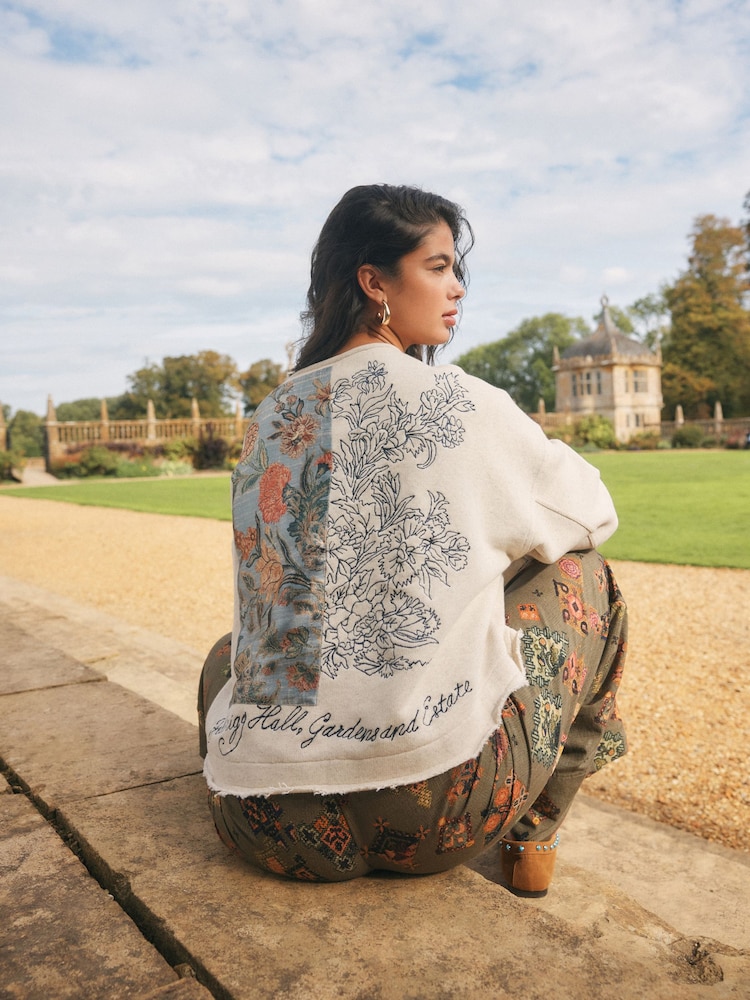 Neutral National Trust x Next Satin Patch Off The Shoulder Long Sleeve Sweat Top - Image 1 of 9