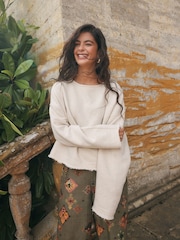 Neutral National Trust x Next Satin Patch Off The Shoulder Long Sleeve Sweat Top - Image 2 of 9