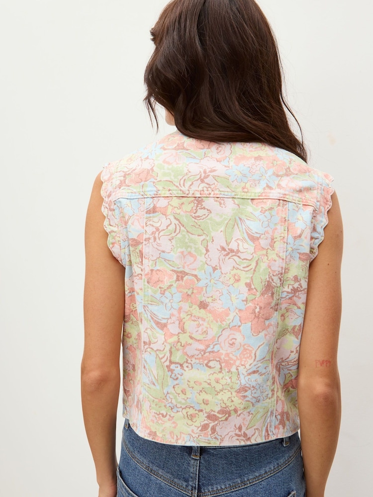 Oliver Bonas Pink Pastel Floral Print Scalloped Denim Waistcoat - Image 2 of 8 Oliver Bonas Pink Pastel Floral Print Scalloped Denim Waistcoat - Image 2 of 8
