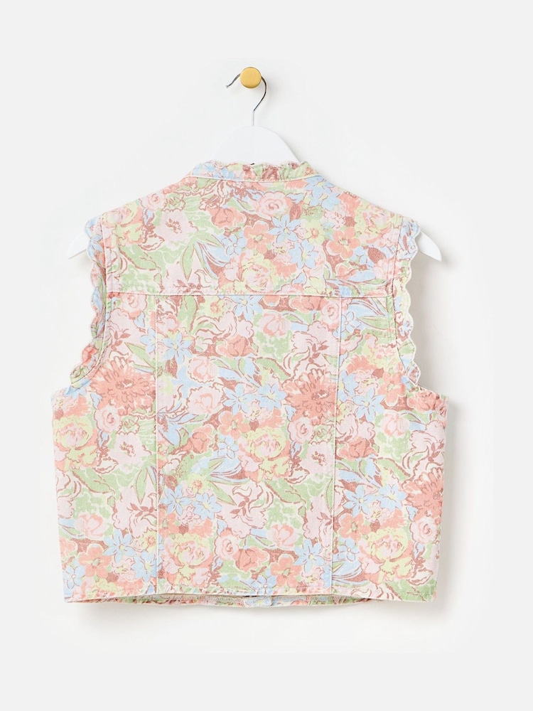 Oliver Bonas Pink Pastel Floral Print Scalloped Denim Waistcoat - Image 8 of 8 Oliver Bonas Pink Pastel Floral Print Scalloped Denim Waistcoat - Image 8 of 8