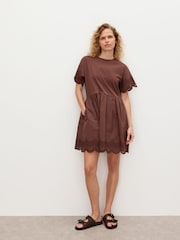 Oliver Bonas Brown Scalloped Broderie Mini T-Shirt Dress - Image 1 of 7