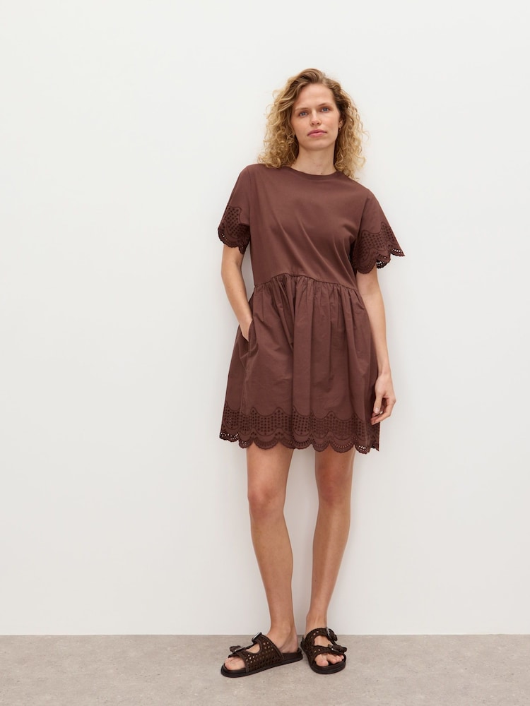 Oliver Bonas Brown Scalloped Broderie Mini T-Shirt Dress - Image 1 of 7