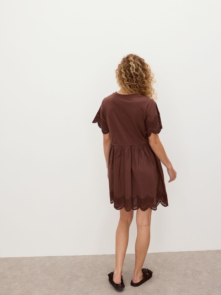 Oliver Bonas Brown Scalloped Broderie Mini T-Shirt Dress - Image 2 of 7