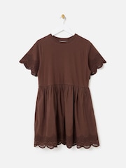 Oliver Bonas Brown Scalloped Broderie Mini T-Shirt Dress - Image 3 of 7