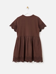 Oliver Bonas Brown Scalloped Broderie Mini T-Shirt Dress - Image 4 of 7