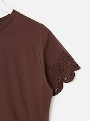 Oliver Bonas Brown Scalloped Broderie Mini T-Shirt Dress - Image 6 of 7