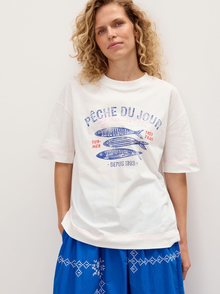 Oliver Bonas White Peche Du Jour Graphic Print T-Shirt - Image 1 of 7