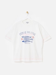 Oliver Bonas White Peche Du Jour Graphic Print T-Shirt - Image 3 of 7