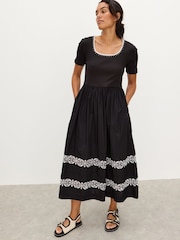 Oliver Bonas Black Broderie Short Sleeve Midi Dress - Image 1 of 8