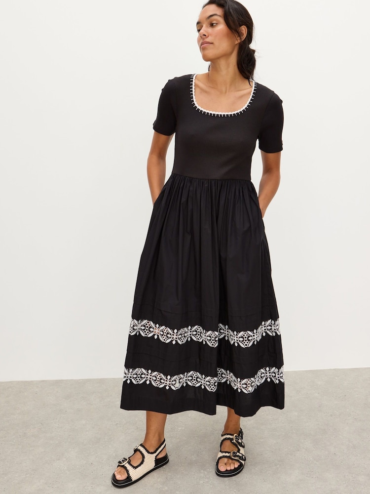 Oliver Bonas Black Broderie Short Sleeve Midi Dress - Image 1 of 8 Oliver Bonas Black Broderie Short Sleeve Midi Dress - Image 1 of 8