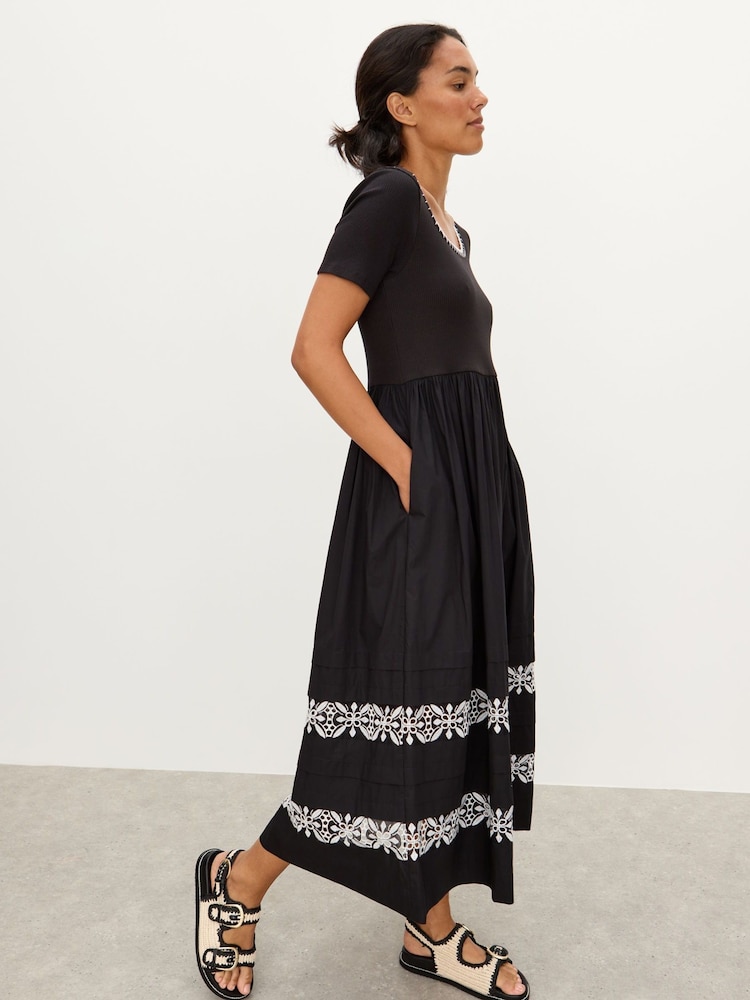 Oliver Bonas Black Broderie Short Sleeve Midi Dress - Image 2 of 8