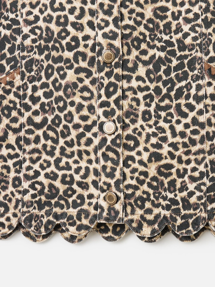 Oliver Bonas Brown Leopard Print Scalloped Denim Waistcoat - Image 7 of 7