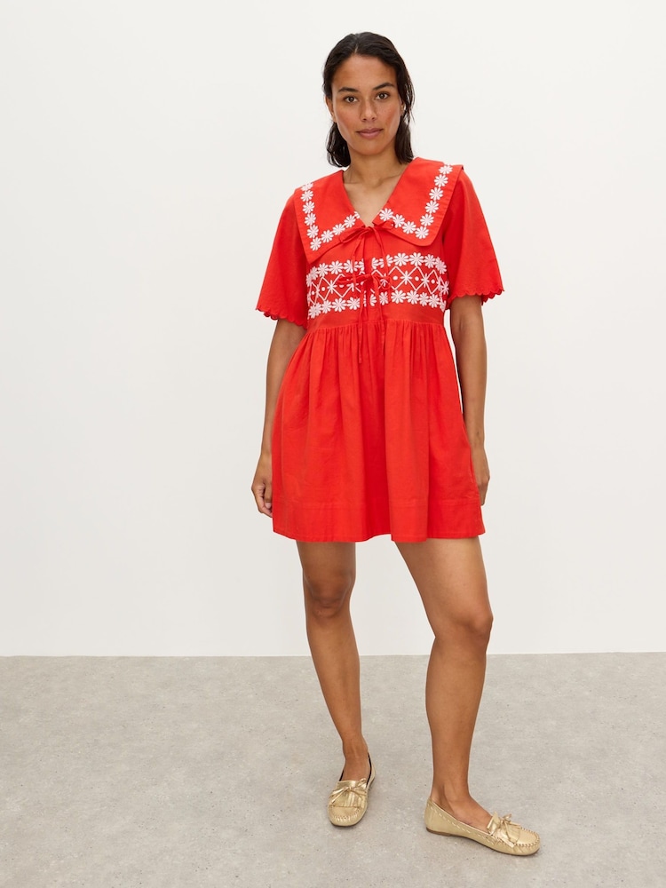 Oliver Bonas Red Daisy Embroidered Collar Mini Dress - Image 1 of 7