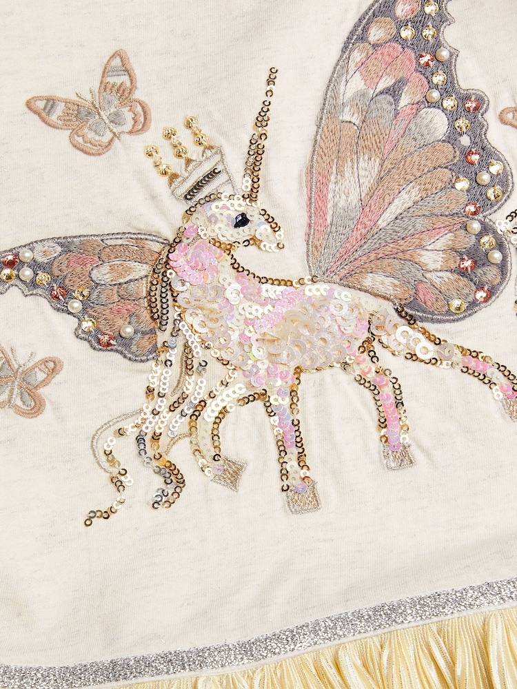 Monsoon Natural Unicorn Embellished Plisse Disco Dress - Image 4 of 4