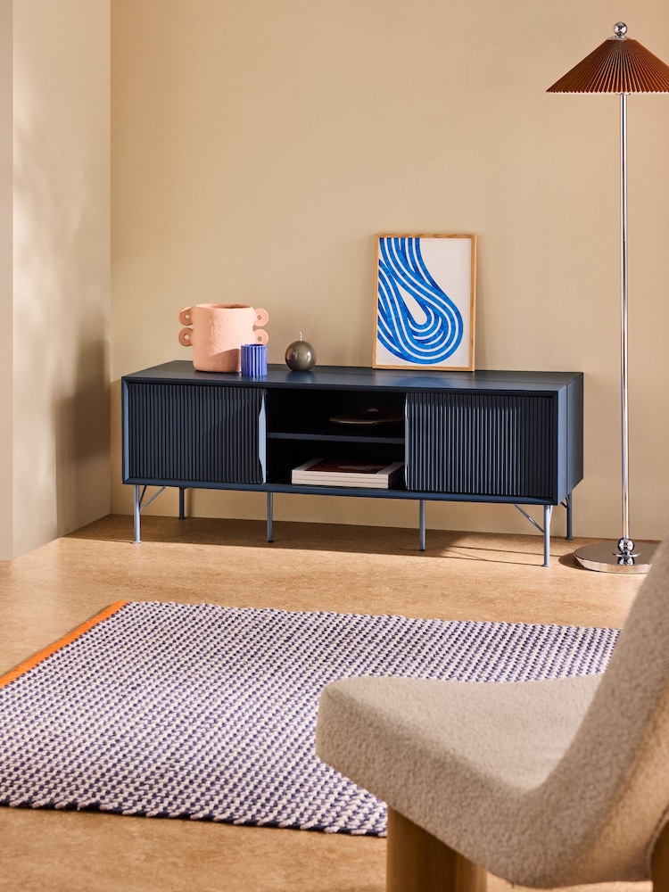 MADE.COM Navy Blue Elian Up to 50 Inch Sliding Door TV Unit - Image 1 of 5