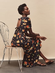 Orange/Yellow - Ro&Zo Floral Print Black Tie Back Dress - Imagem 1 de 5