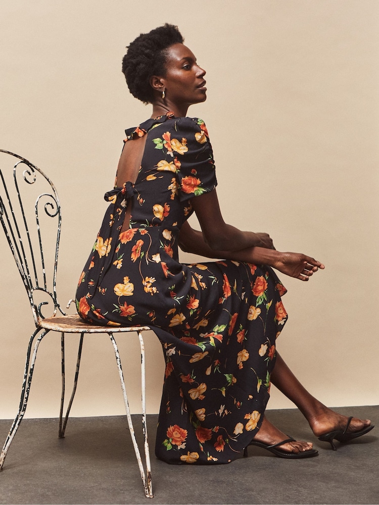 Orange/Yellow - Ro&Zo Floral Print Black Tie Back Dress - Imagem 1 de 5