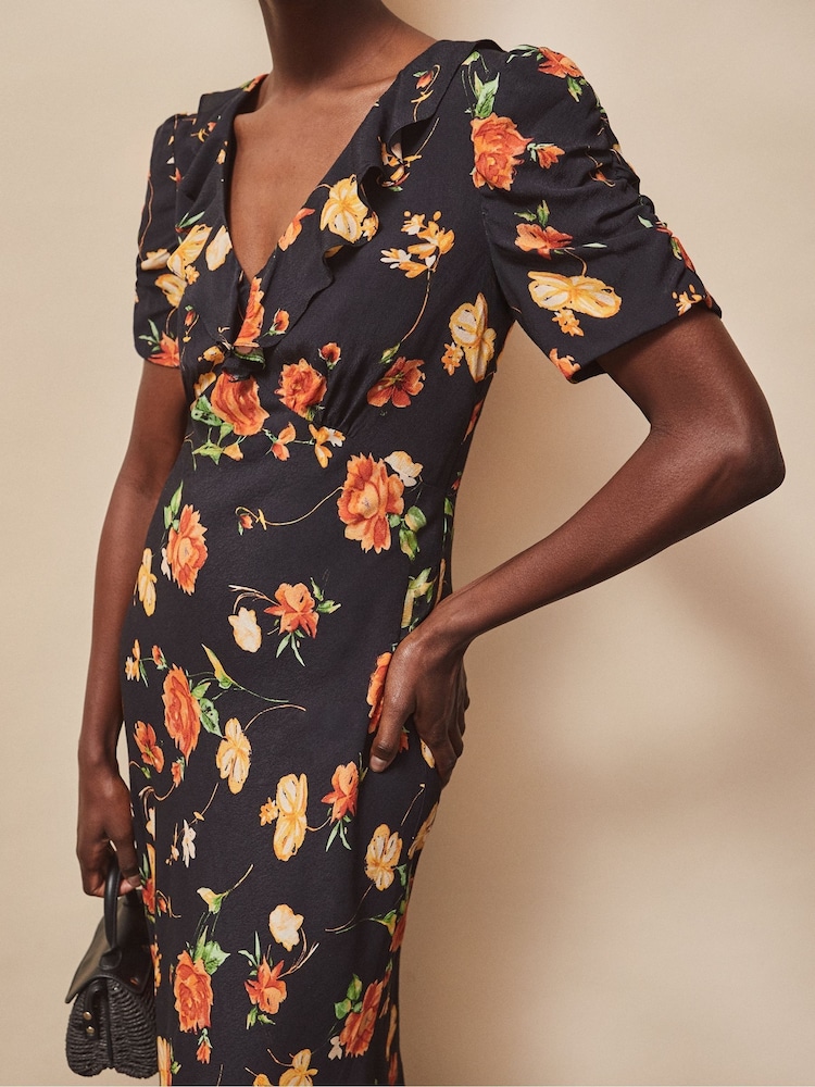 Buy Ro&Zo Black/Orange/Yellow Petite Floral Print Tie Back Dress