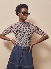 Ro&Zo Top de malha marrom com estampa de leopardo - Imagem 1 de 4
