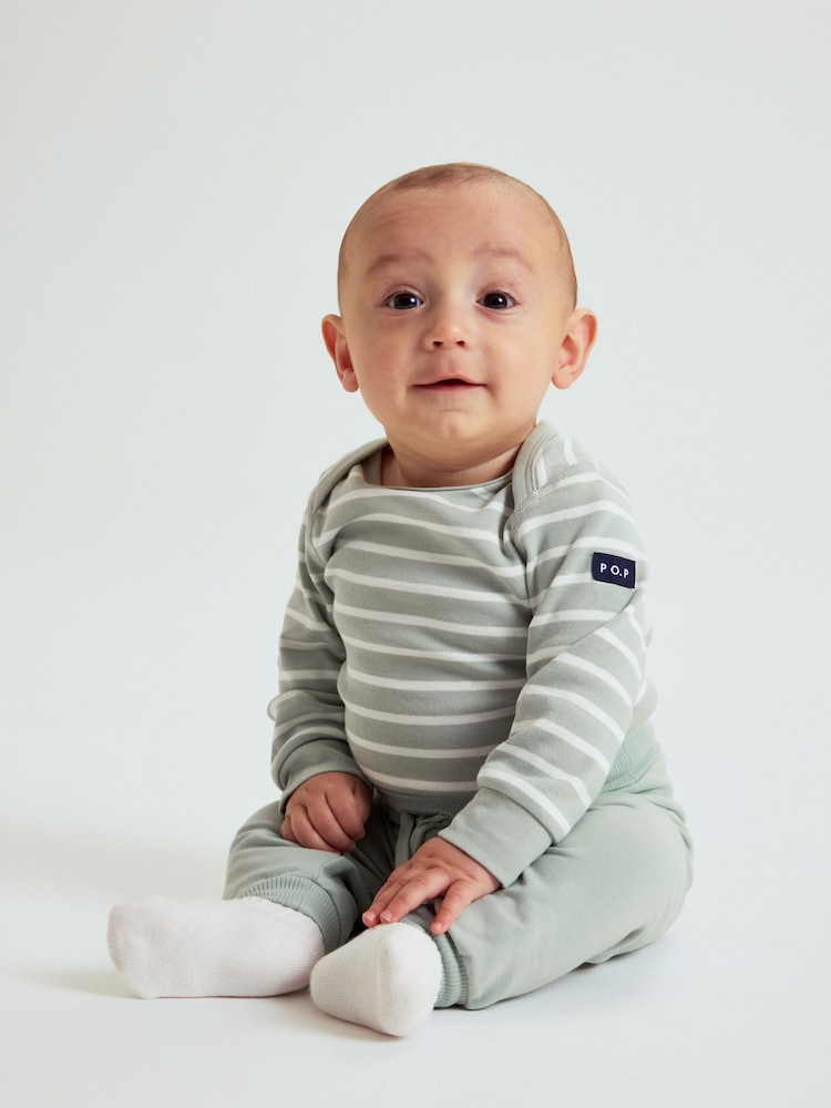 Polarn O. Pyret Green Organic Cotton Striped Babygrow - Image 1 of 6 Polarn O. Pyret Green Organic Cotton Striped Babygrow - Image 1 of 6