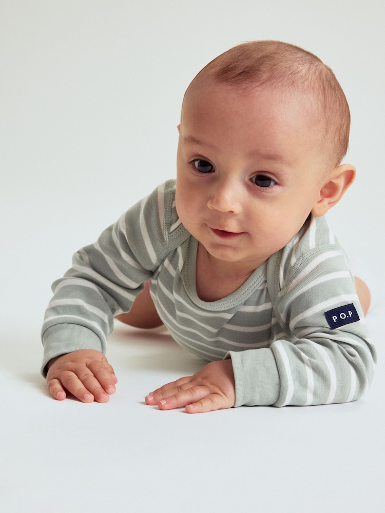Polarn O. Pyret Green Organic Cotton Striped Babygrow - Image 2 of 6 Polarn O. Pyret Green Organic Cotton Striped Babygrow - Image 2 of 6