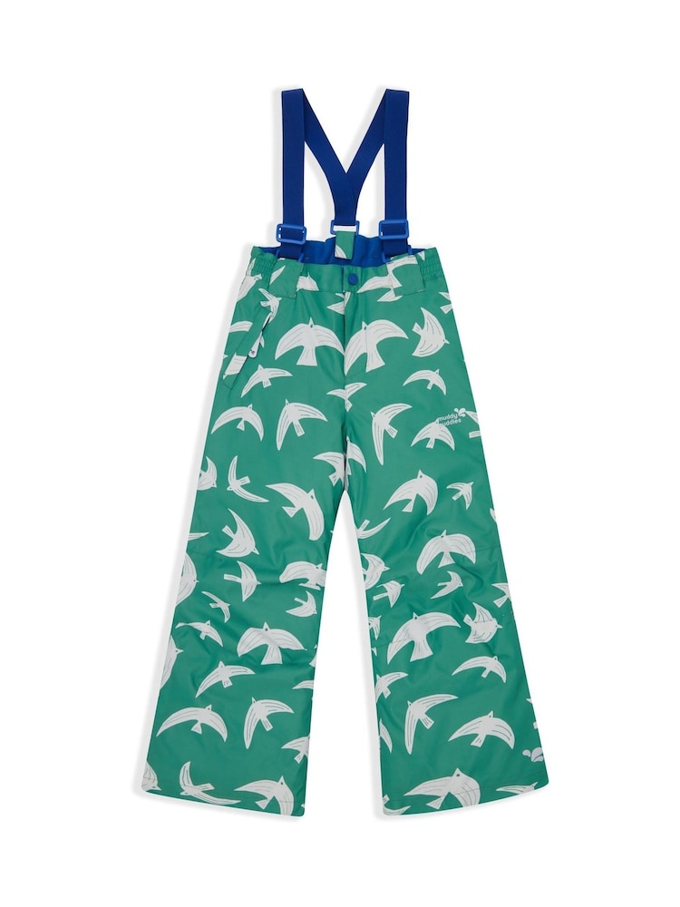 Muddy Puddles Green Waterproof Kids Ski Salopettes Trousers - Image 2 of 5 Muddy Puddles Green Waterproof Kids Ski Salopettes Trousers - Image 2 of 5