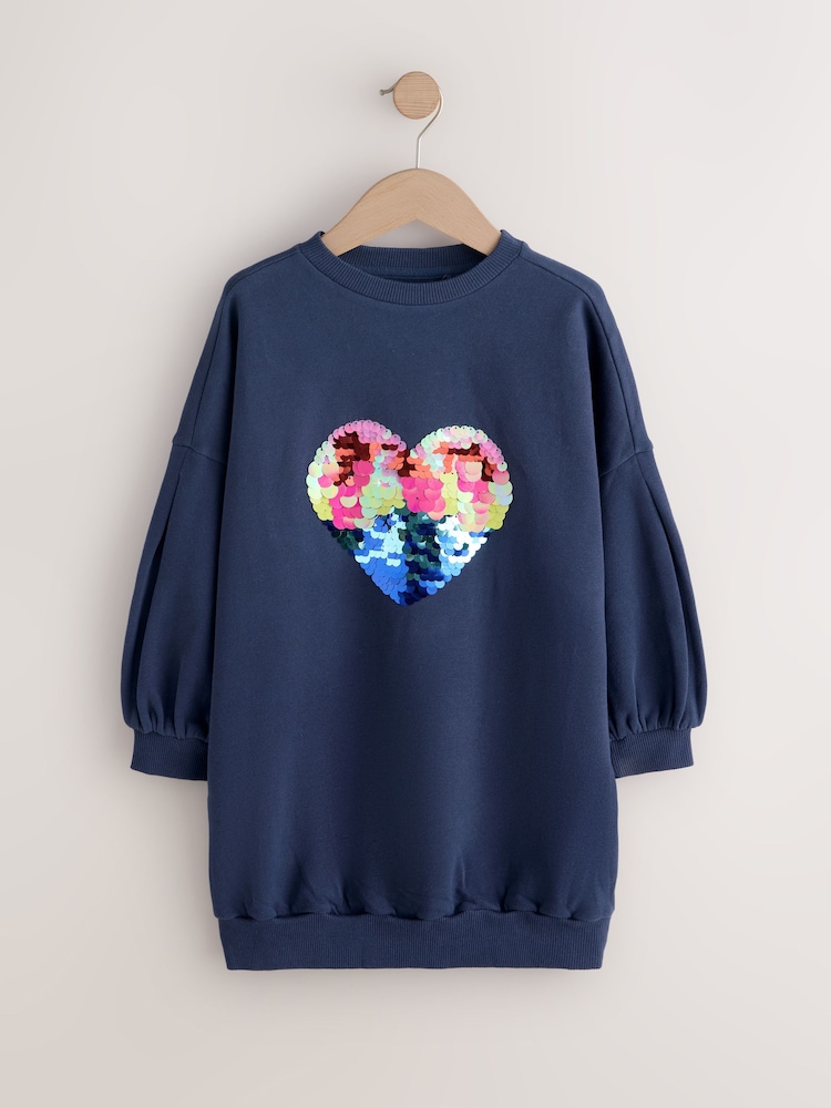 Navy Sequin Heart Jumper Dress (3-16yrs) - Image 1 of 4 Navy Sequin Heart Jumper Dress (3-16yrs) - Image 1 of 4