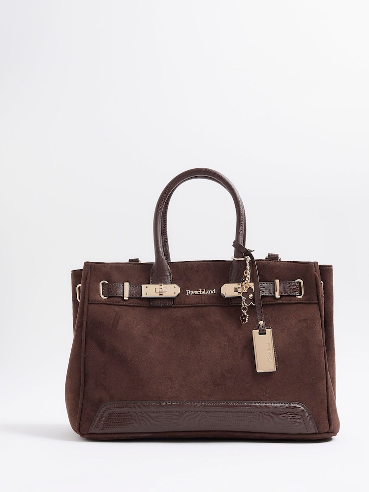 River Island Brown Soft Lock Front Tote Bag - Image 1 of 6 River Island Brown Soft Lock Front Tote Bag - Image 1 of 6