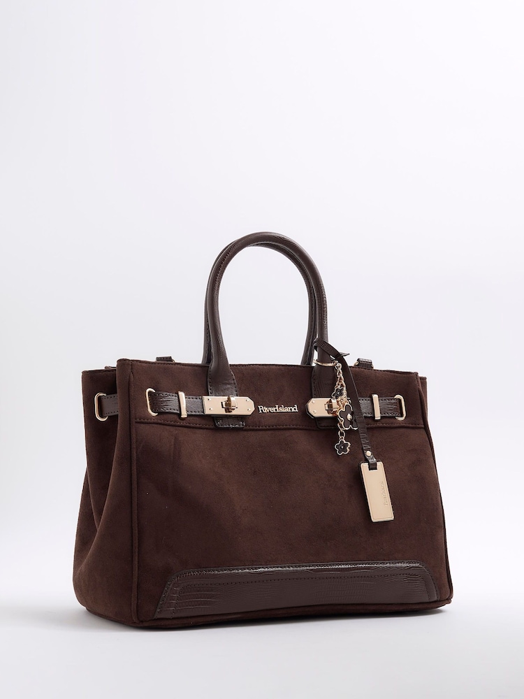 River Island Brown Soft Lock Front Tote Bag - Image 2 of 6 River Island Brown Soft Lock Front Tote Bag - Image 2 of 6