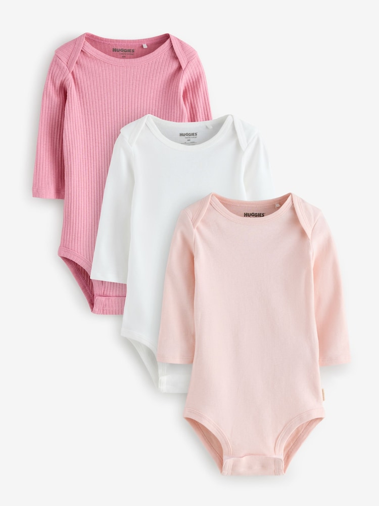 Huggies Baby Long Sleeve Envolope Neck Bodysuits 3 Pack - Image 1 of 4