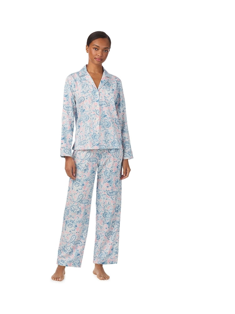 Lauren Ralph Lauren Blue Cotton Woven Sateen Long Sleeve Notch Collar Pajamas Set - Image 1 of 3