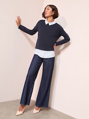 Friends Like These Navy 2 in 1 Poplin Collar Jersey Jumper - Image 3 of 4