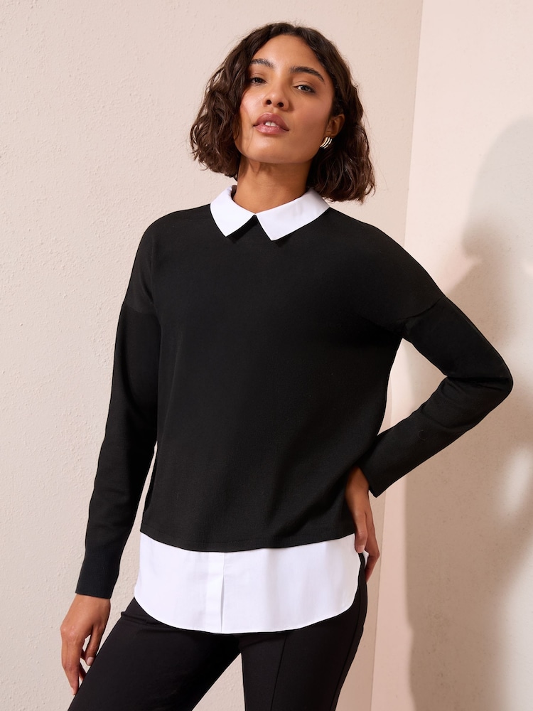 Friends Like These Black 2 in 1 Poplin Collar Jersey Jumper - Image 1 of 5
