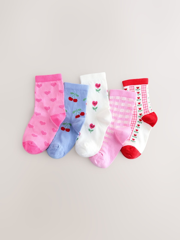 Pink Cotton Rich Cherry Ankle Socks 5 Pack - Image 1 of 3