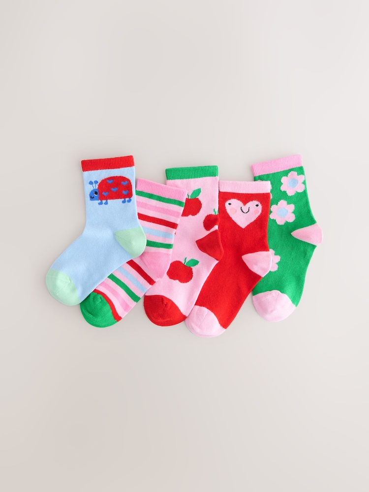 Pink Red and Green Cotton Rich Charcter Ankle Socks 5 Pack - Image 1 of 4 Pink Red and Green Cotton Rich Charcter Ankle Socks 5 Pack - Image 1 of 4
