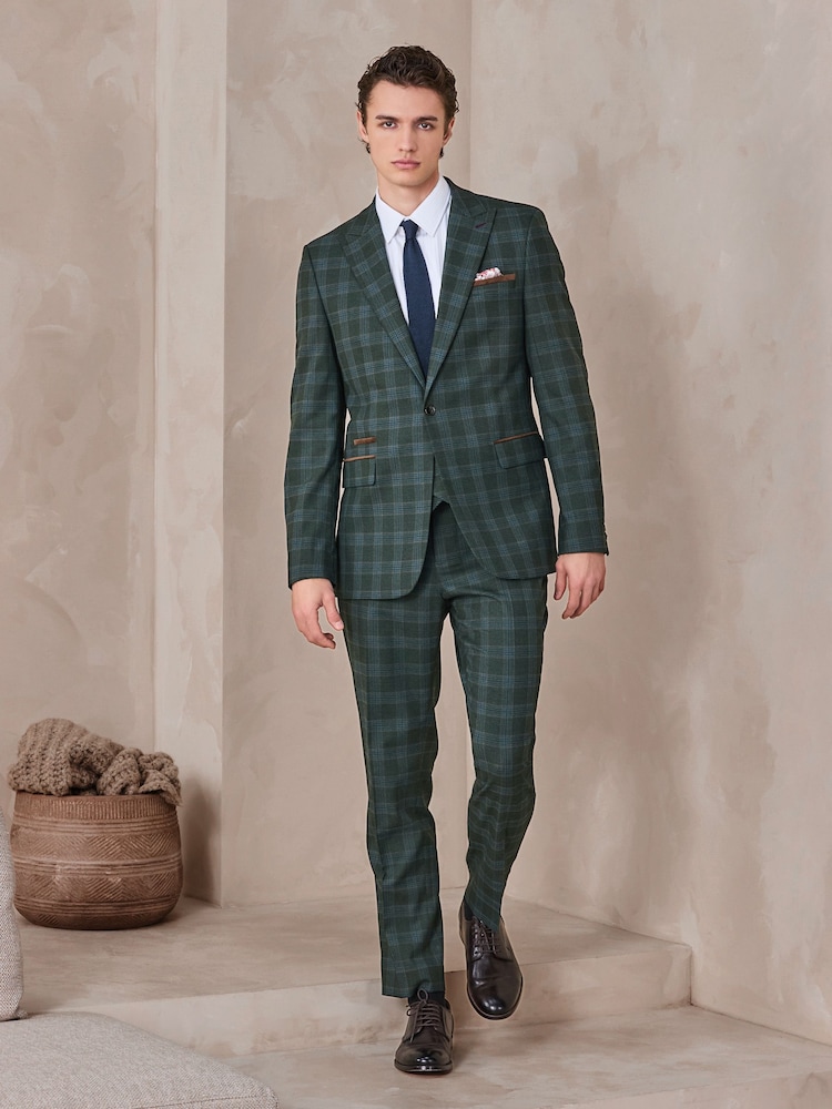 Vert - Pantalons Coupe ajustée texturé Costume Carreaux - Image 2 de 9