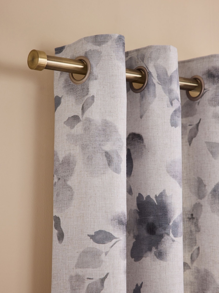 Grey Blurred Floral Print Eyelet Lined Curtains - Image 1 of 5