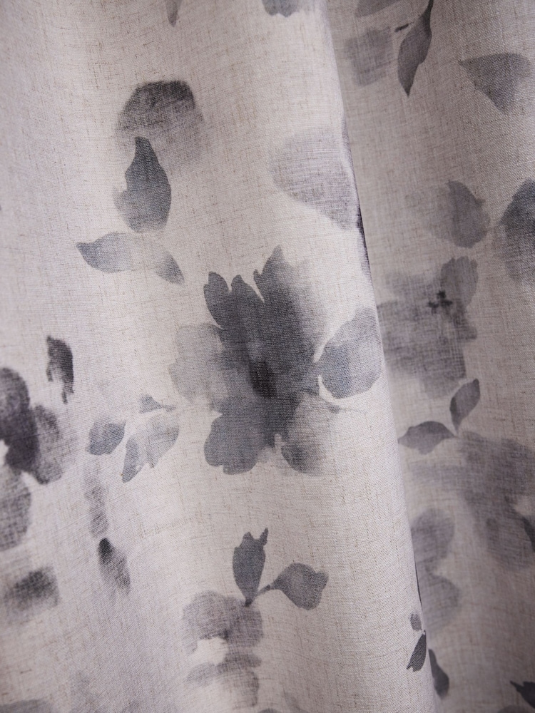 Grey Blurred Floral Print Eyelet Lined Curtains - Image 5 of 5