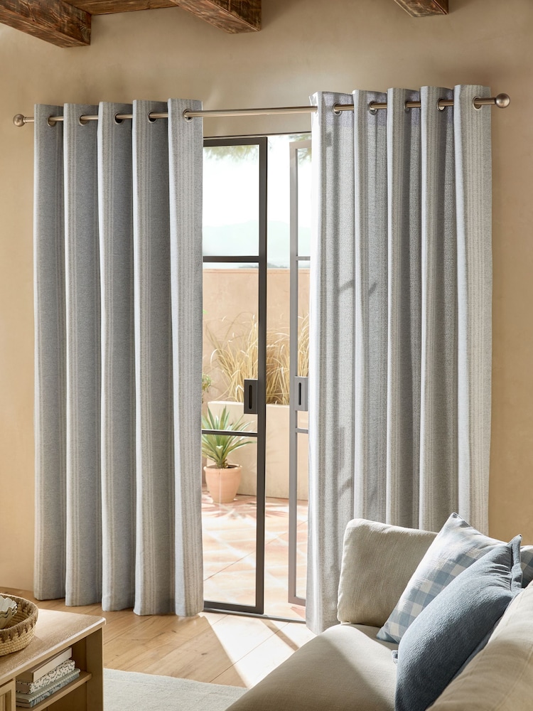 Blue Woven Stripe Eyelet Lined Curtains - Image 1 of 5