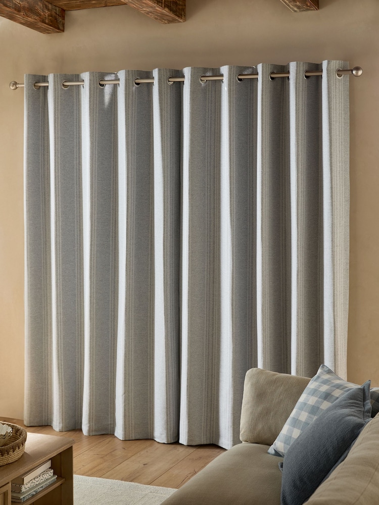 Blue Woven Stripe Eyelet Lined Curtains - Image 2 of 5