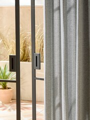 Blue Woven Stripe Eyelet Lined Curtains - Image 3 of 5