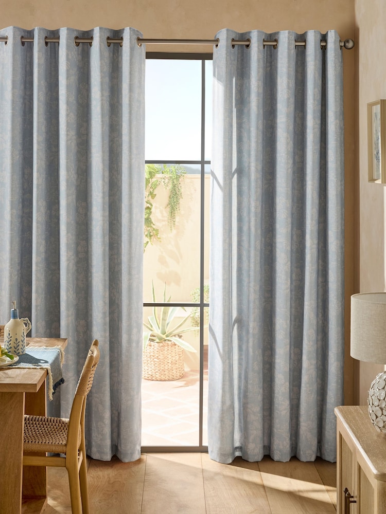 Blue Toile Print Touch Of Linen Eyelet Lined Curtains - Image 2 of 5