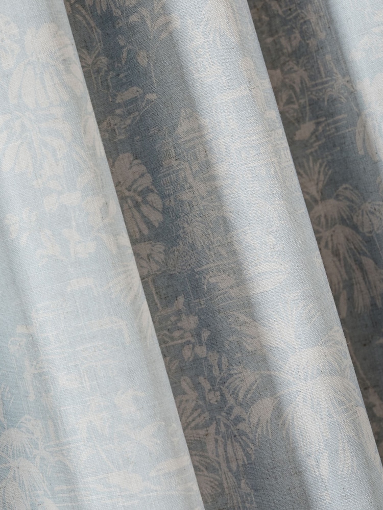 Blue Toile Print Touch Of Linen Eyelet Lined Curtains - Image 5 of 5