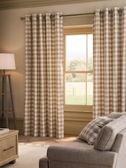 Natural Woven Gingham Check Eyelet Lined Curtains - Image 1 of 5